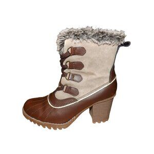 Skeckers Boots Women Sz 8 Heeled Duck Faux Fur Leather Outdoor‎ Work Winterwear